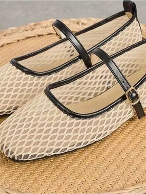 Beige Mesh Mary Jane Flats with Black Trim and Buckle